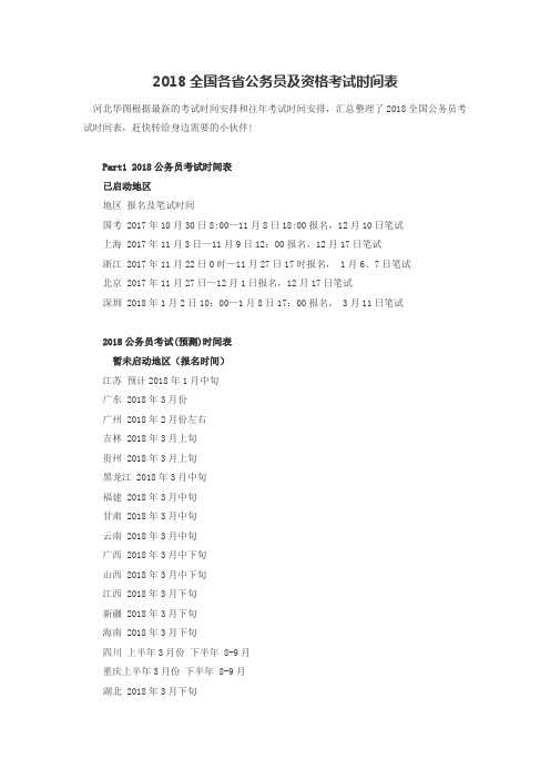 2018全国各省公务员及资格考试时间表