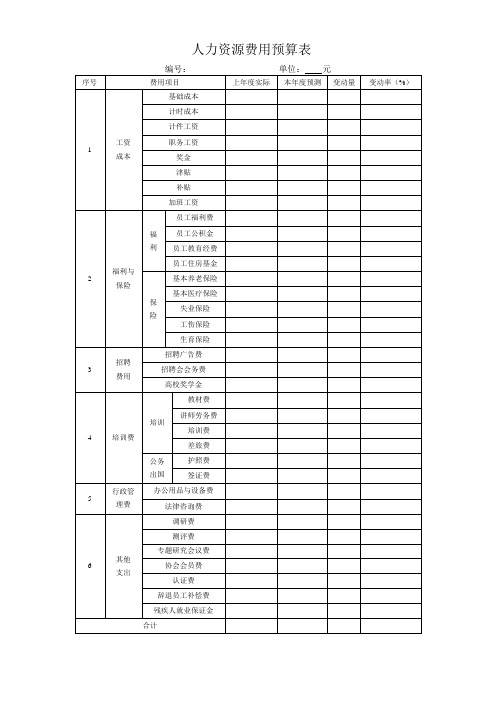 人力资源费用预算表