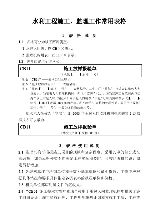 水利工程施工常用表格