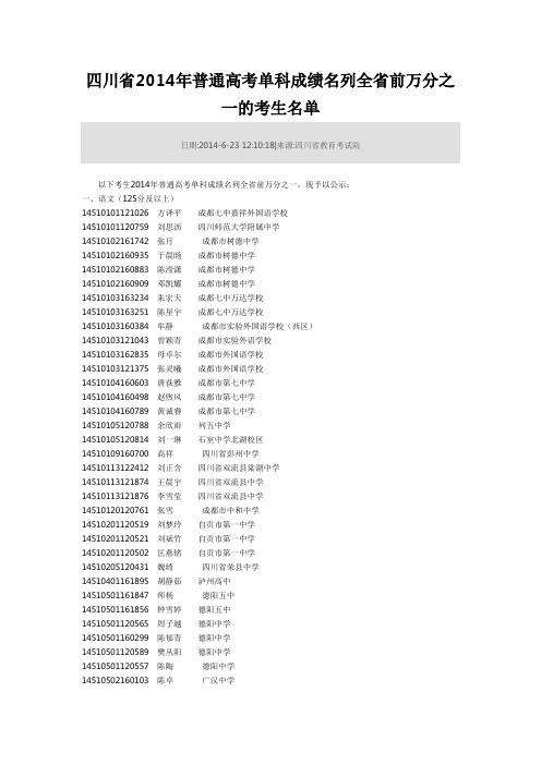 四川省2014年普通高考单科成绩名列全省前万分之一的考生名单