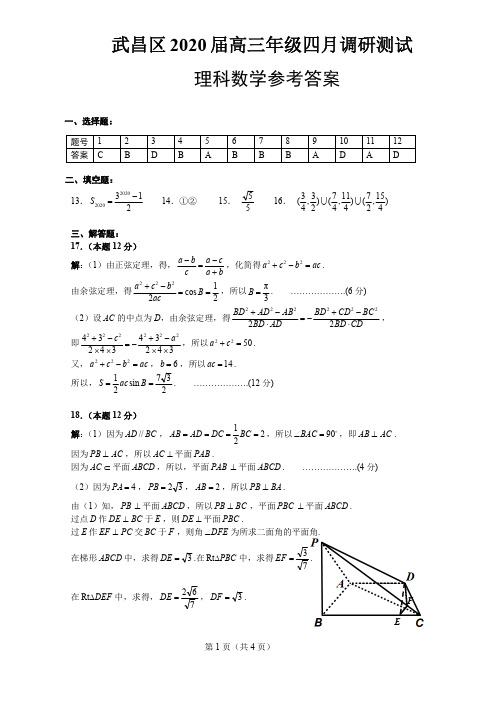 武昌区2020届高三4月调研测试理科数学(答案)