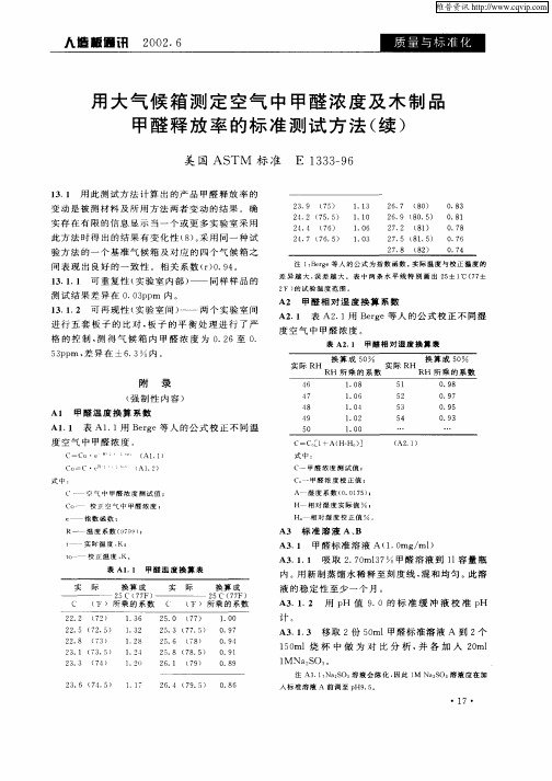 用大气候箱测定空气中甲醛浓度及木制品甲醛释放率的标准测试方法(续)