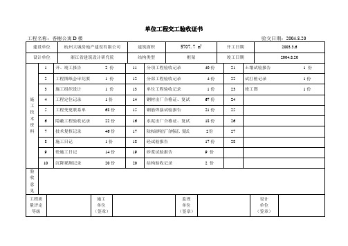 单位工程交工验收证书