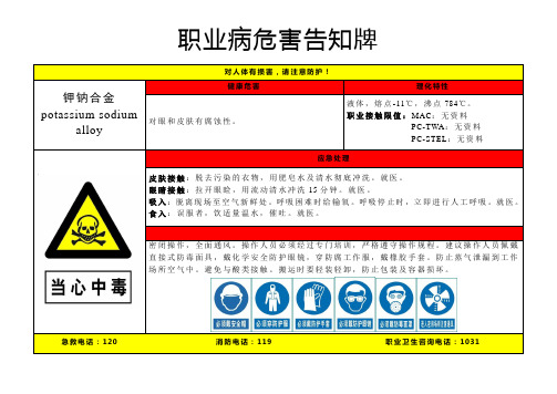 钾钠合金-职业病危害告知牌