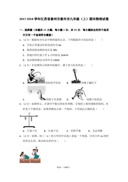 2017-2018学年江苏省泰州市泰兴市九年级(上)期末物理试卷(解析版)