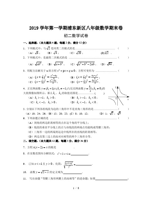 2019学年第一学期浦东新区八年级数学期末卷