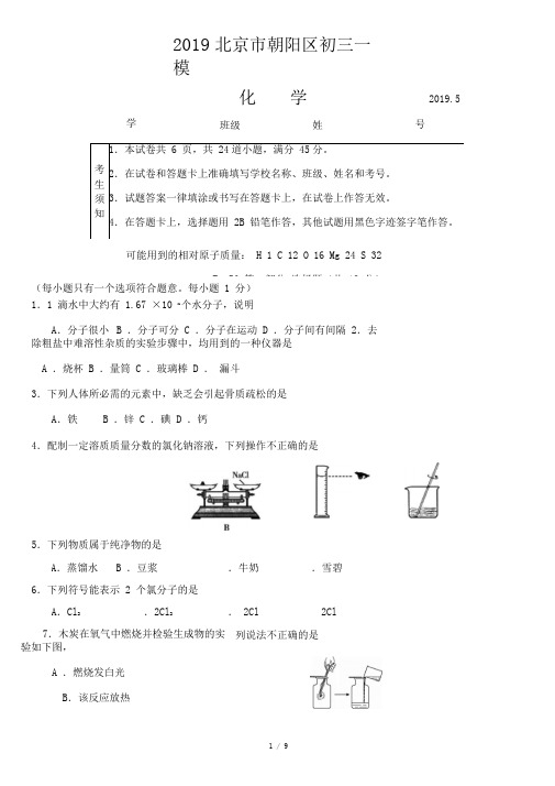 2019北京市朝阳区初三化学一模试卷