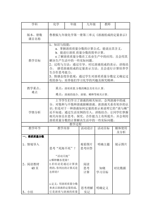 鲁教版九年级化学上册 3.2 溶液组成的定量表示 教案