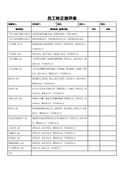 东飞公司员工转正测评表