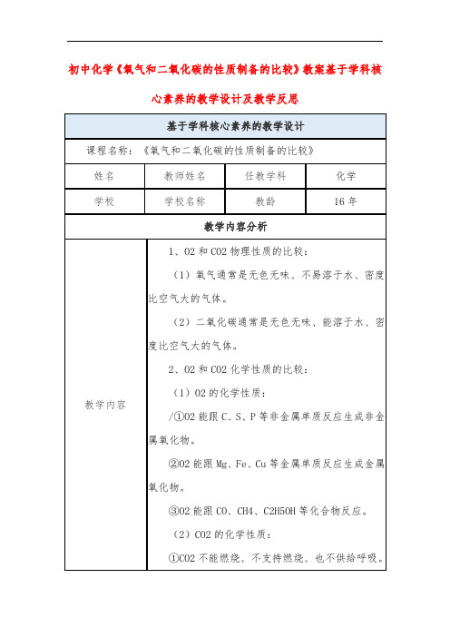 初中化学《氧气和二氧化碳的性质制备的比较》教案基于学科核心素养的教学设计及教学反思