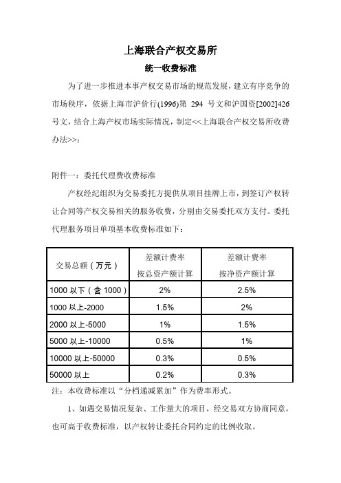 上海联合产权交易所统一收费标准