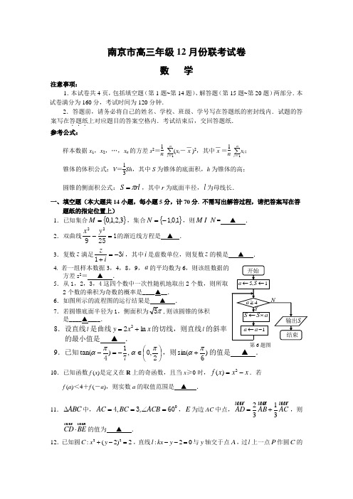 江苏省南京市2019届高三上学期12月联考试题数学Word版含答案