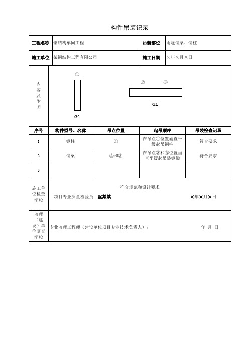 建筑钢结构工程技术 《4.6.16构件吊装记录》填写范例及说明