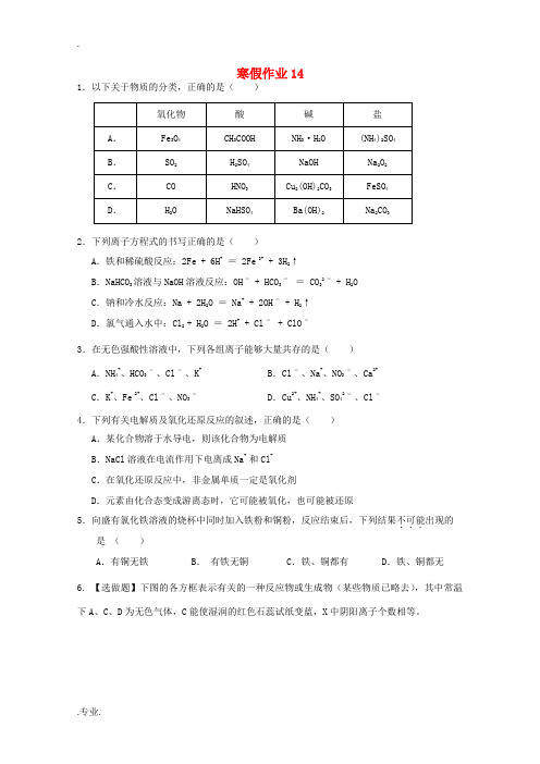 山东省华侨中学2014-2015学年高一化学寒假作业14