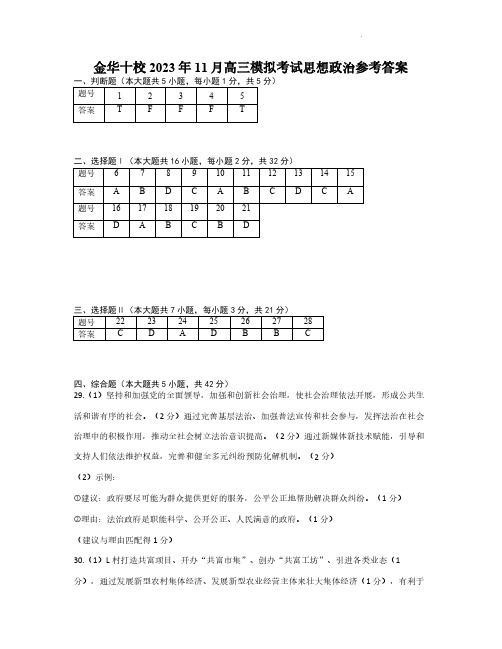 2024届浙江省金华十校高三上学期11月模拟考试金华十校2023年11月高三模拟考试思想政治参考答案