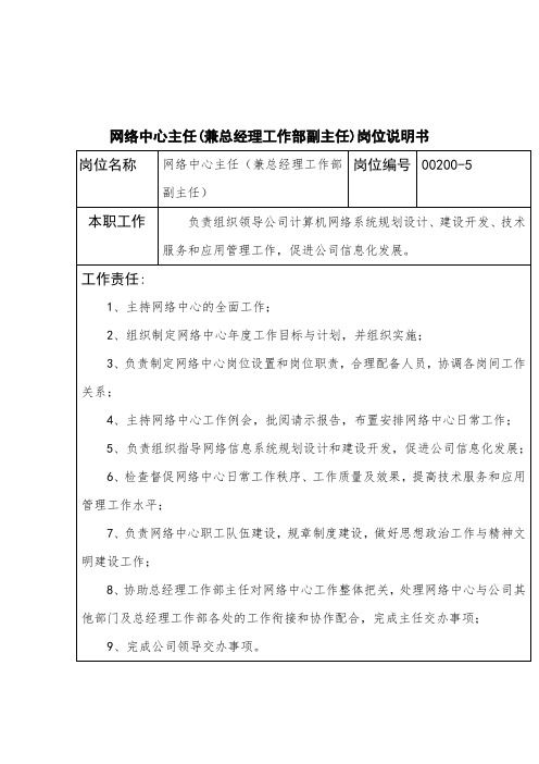 网络中心主任兼总经理工作部副主任岗位说明书.doc