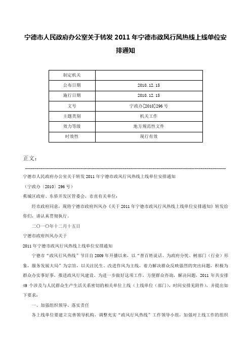 宁德市人民政府办公室关于转发2011年宁德市政风行风热线上线单位安排通知-宁政办[2010]296号