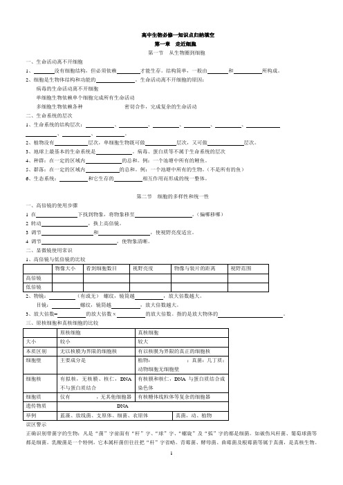 高中生物必修一知识点归纳填空(附答案)