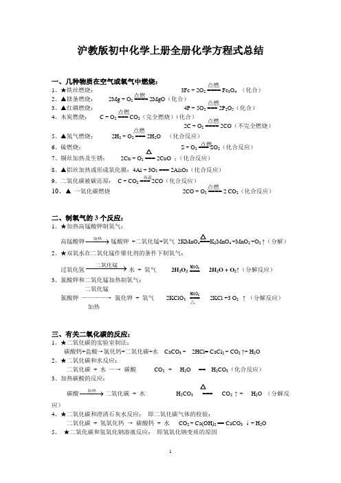 沪教版初中化学上册全册化学方程式总结(打印版)