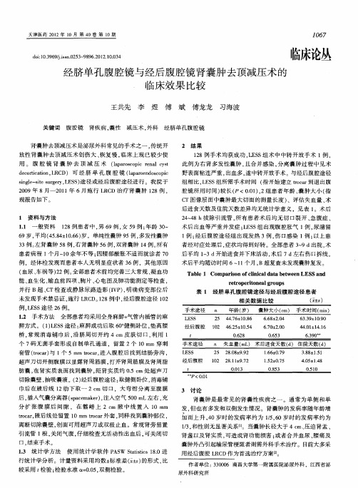 经脐单也腹腔镜与经后腹腔镜肾囊肿去顶减压术的临床效果比较