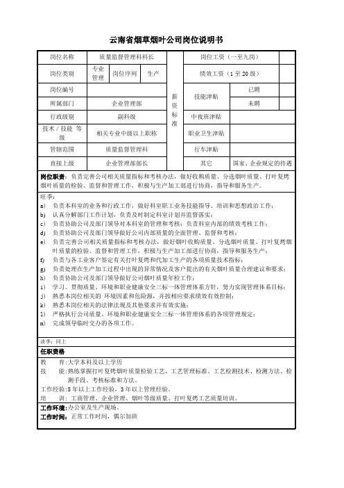 质量监督管理科科长岗位说明书范例