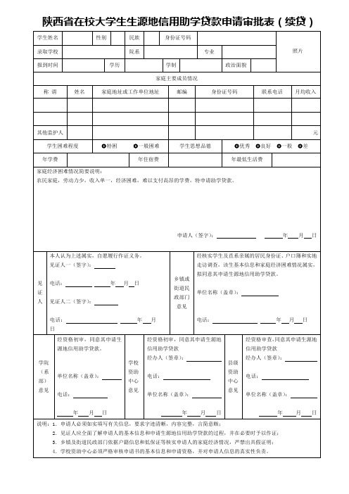 陕西在校大学生生源地信用助学贷款申请审批表续贷