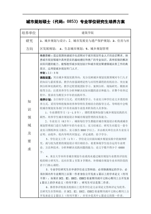 城市规划硕士(代码：0853)专业学位研究生培养方案【模板】