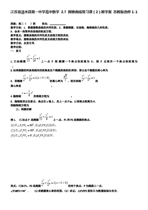 江苏省涟水县第一中学高中数学 2.7 圆锥曲线复习课(2)教学案 苏教版选修1-1