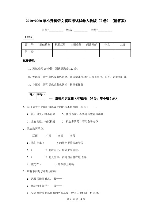 2019-2020年小升初语文摸底考试试卷人教版(I卷) (附答案)