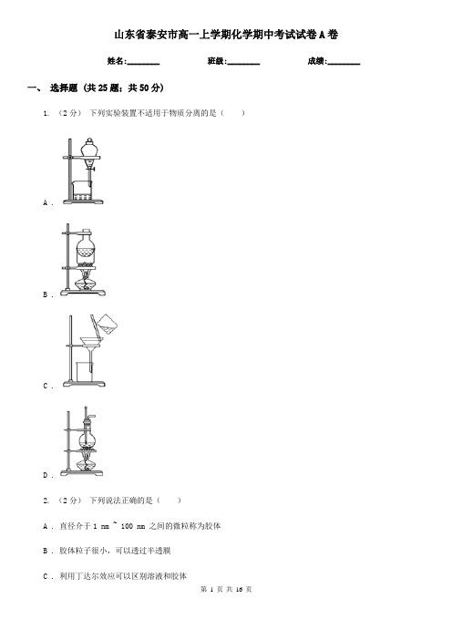 山东省泰安市高一上学期化学期中考试试卷A卷