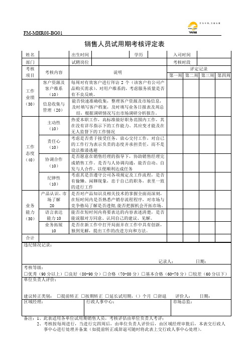 销售人员试用期考核评定表