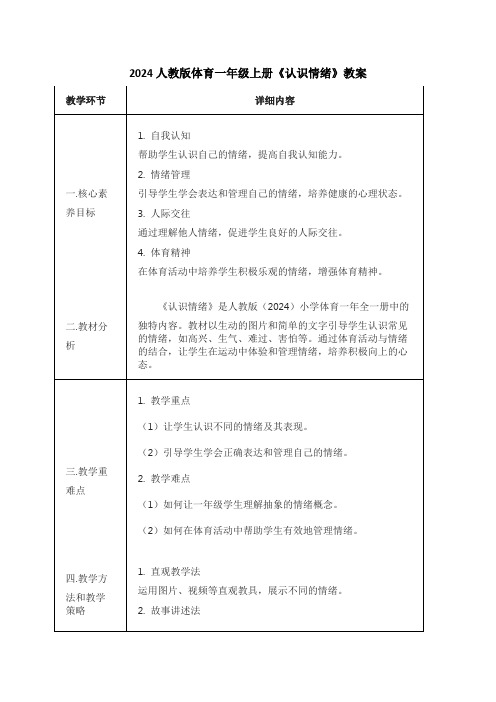 最新2024人教版体育一年级上册《认识情绪》教案(教学设计)