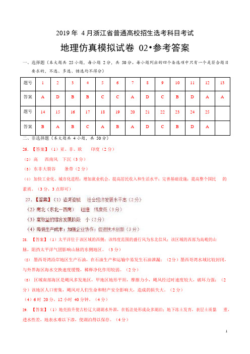 2019年4月浙江省普通高校招生选考科目考试地理仿真模拟试题 02(参考答案)