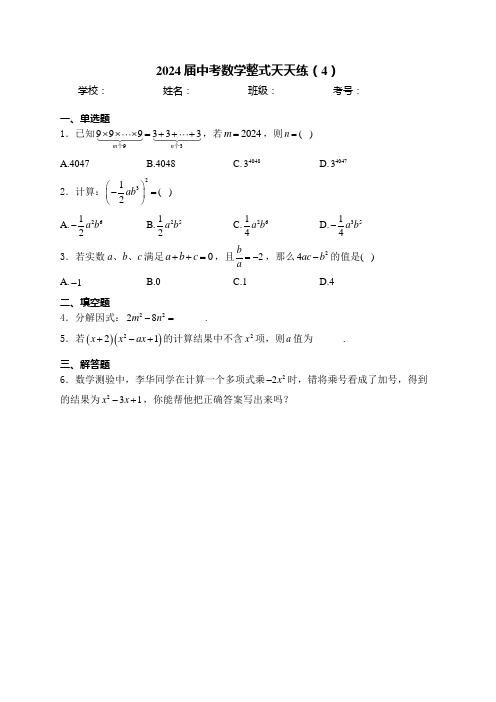 2024届中考数学整式天天练(4)(含答案)