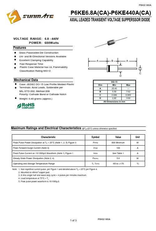 P6KE180A,TVS瞬变抑制二极管中文资料