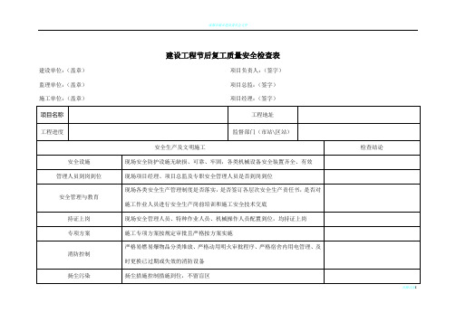 建设工程节后复工质量安全检查表