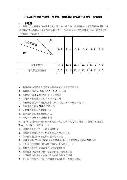 山东省济宁实验中学高一生物第一学期期末选择题专项试卷(含答案)