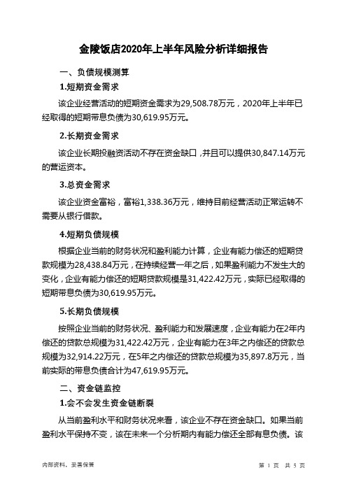 金陵饭店2020年上半年财务风险分析详细报告