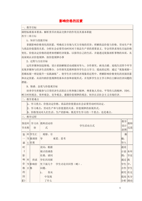 四川省宜宾市一中高一政治第3周教学设计(影响价格的因素)