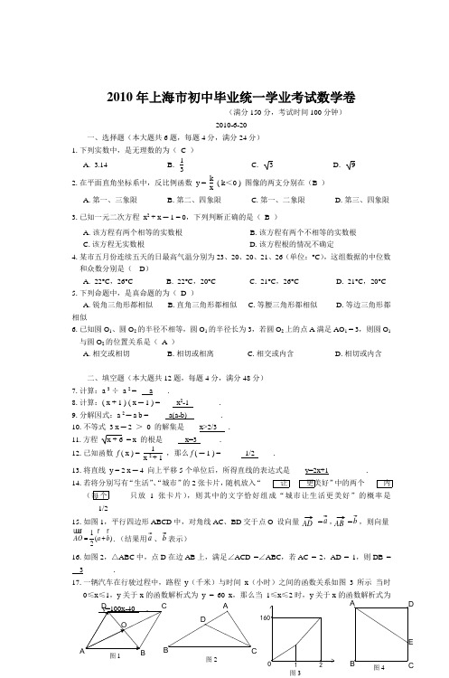 2010年上海市初中毕业统一学业考试数学卷