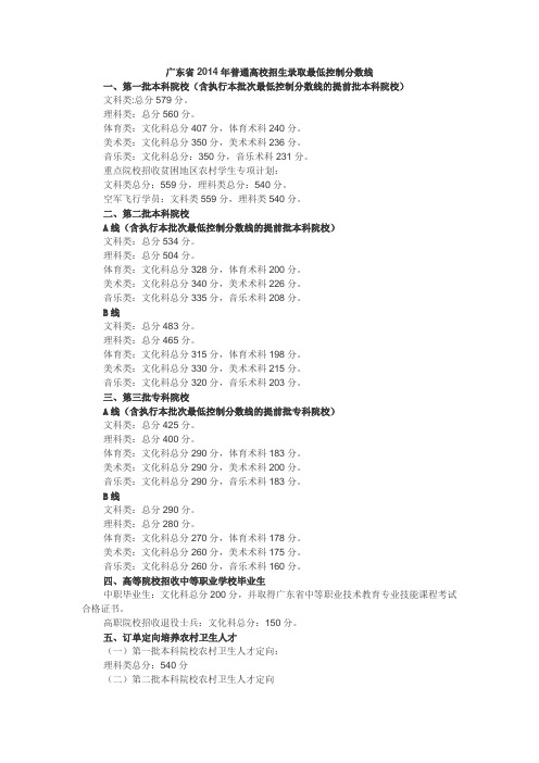 广东省2014年普通高校招生录取最低控制分数线