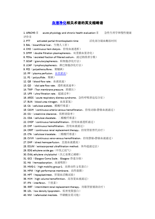 血液净化相关术语的英文缩略语