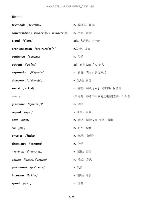 2013版九年级全一册英语分课单词表_含音标(分栏)解读