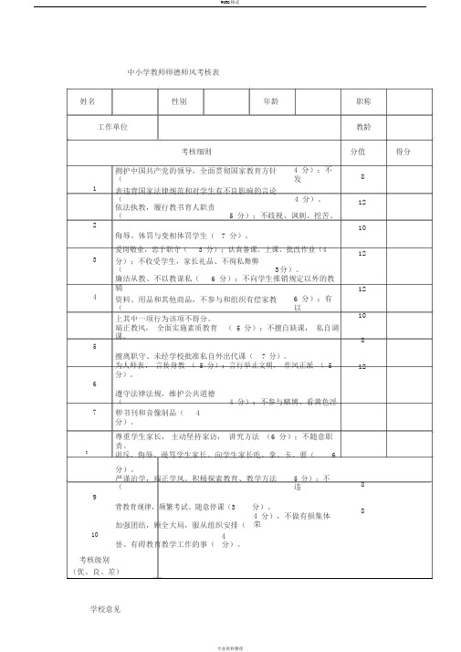 中小学教师师德师风考核表