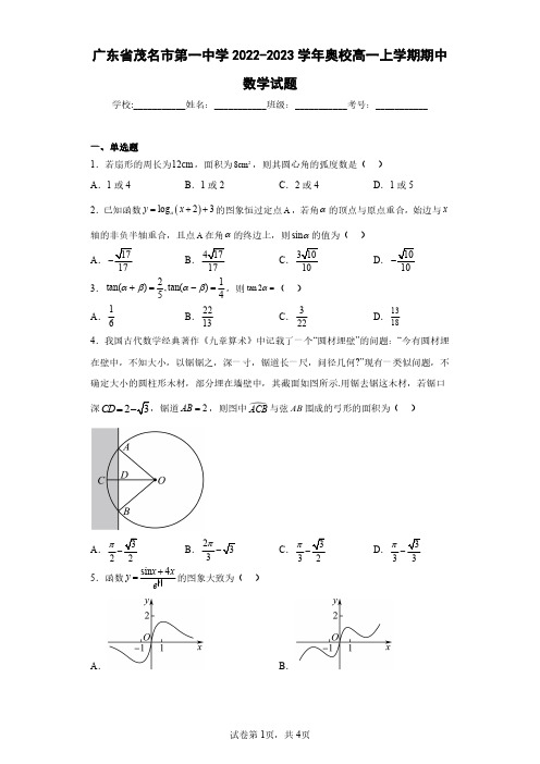 广东省茂名市第一中学2022-2023学年奥校高一上学期期中数学试题(含答案解析)