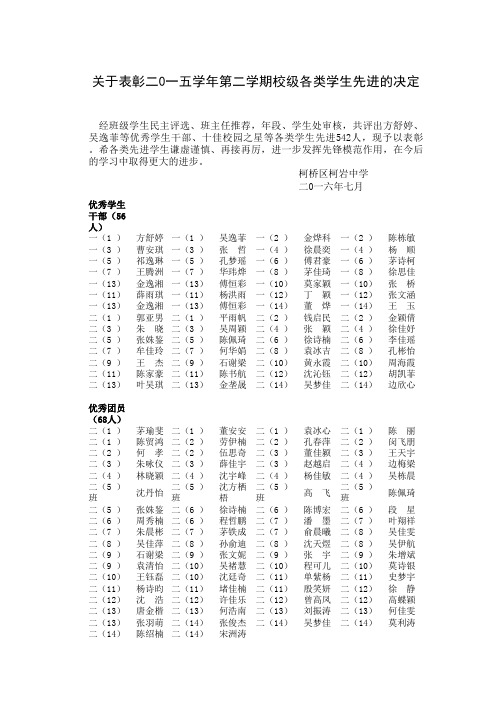 关于表彰二0一五学年第二学期校级各类学生先进的决定