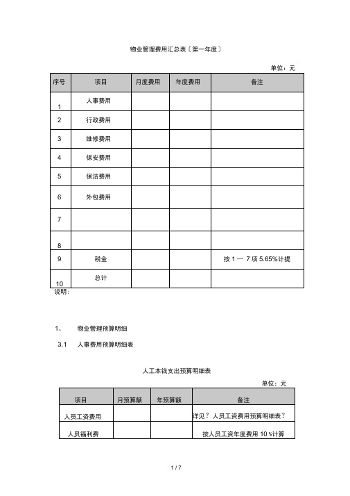 物业管理费测算汇总表