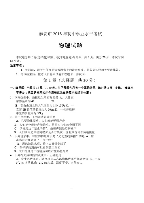 【中考真题】山东省泰安市2018年中考物理试题(含答案)