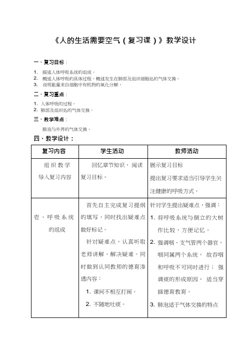 初中生物《人的生活需要空气(复习课)》优质课教案、教学设计