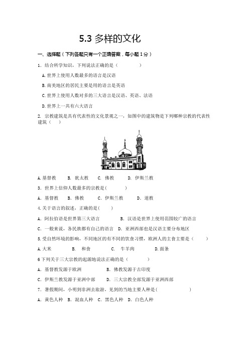 【地理】多样的文化同步练习-2024-2025学年人教版地理七年级上册